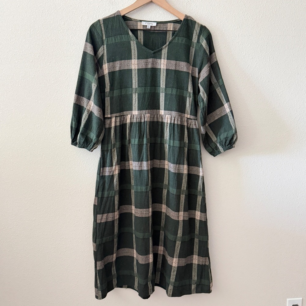 POLAGRAM Womens Dress Green Plaid Cottagecore Dark Academia Boho Peasant Size M